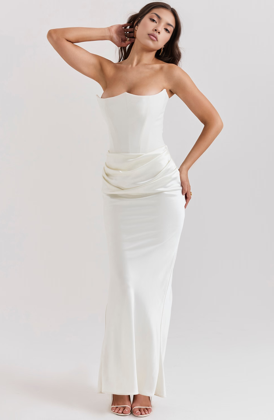 Avenzora | Wedding Guest Strapless Satin Maxi Dress with Draped Waist