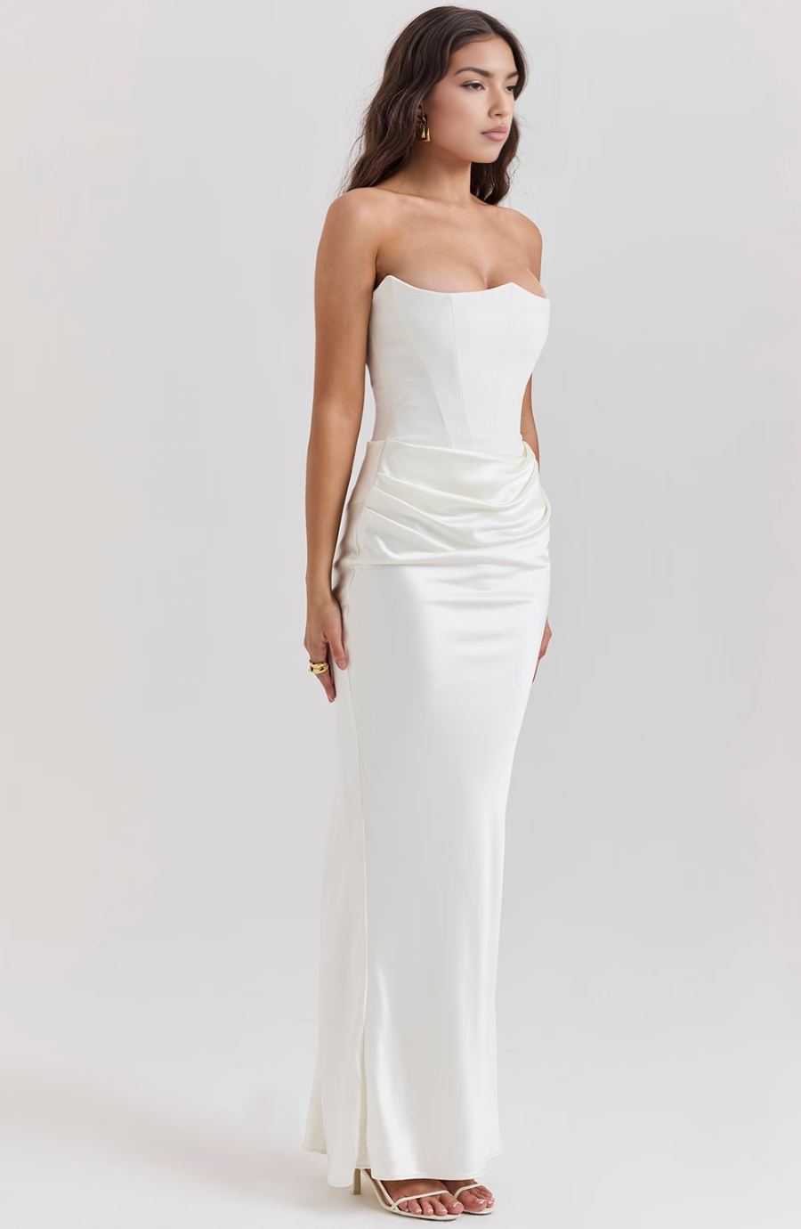 Avenzora | Wedding Guest Strapless Satin Maxi Dress with Draped Waist