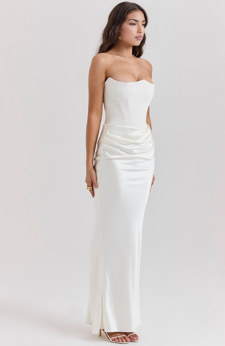 Avenzora | Wedding Guest Strapless Satin Maxi Dress with Draped Waist