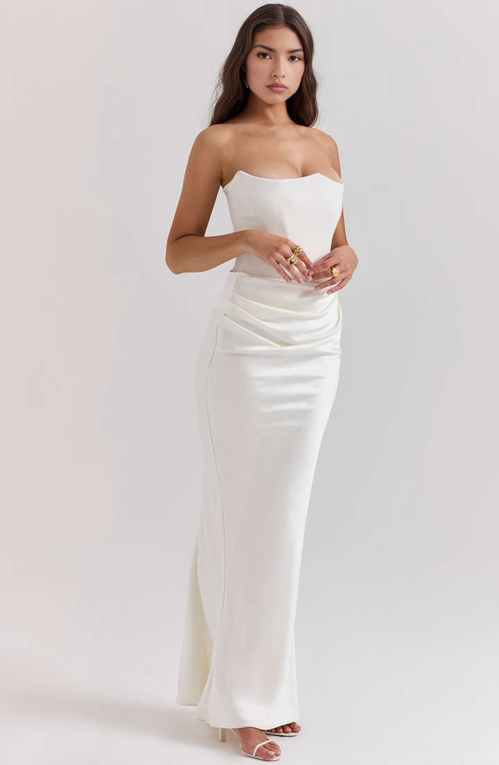 Avenzora | Wedding Guest Strapless Satin Maxi Dress with Draped Waist