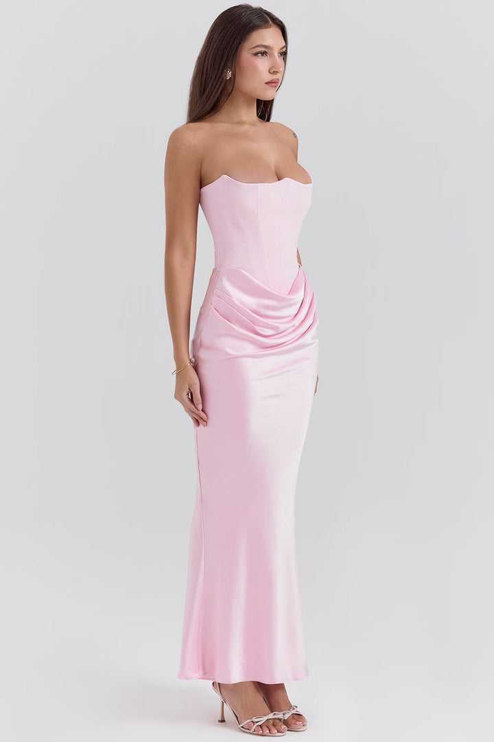 Avenzora | Wedding Guest Strapless Satin Maxi Dress with Draped Waist