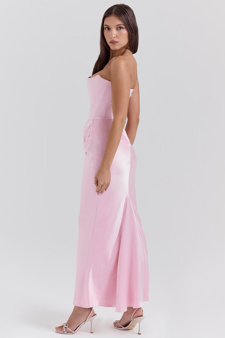 Avenzora | Wedding Guest Strapless Satin Maxi Dress with Draped Waist