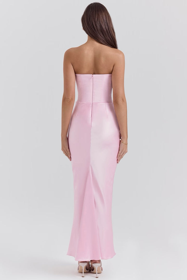 Avenzora | Wedding Guest Strapless Satin Maxi Dress with Draped Waist
