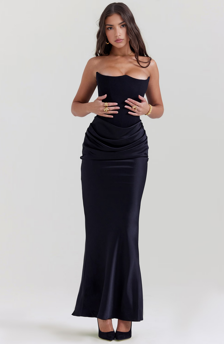 Avenzora | Wedding Guest Strapless Satin Maxi Dress with Draped Waist