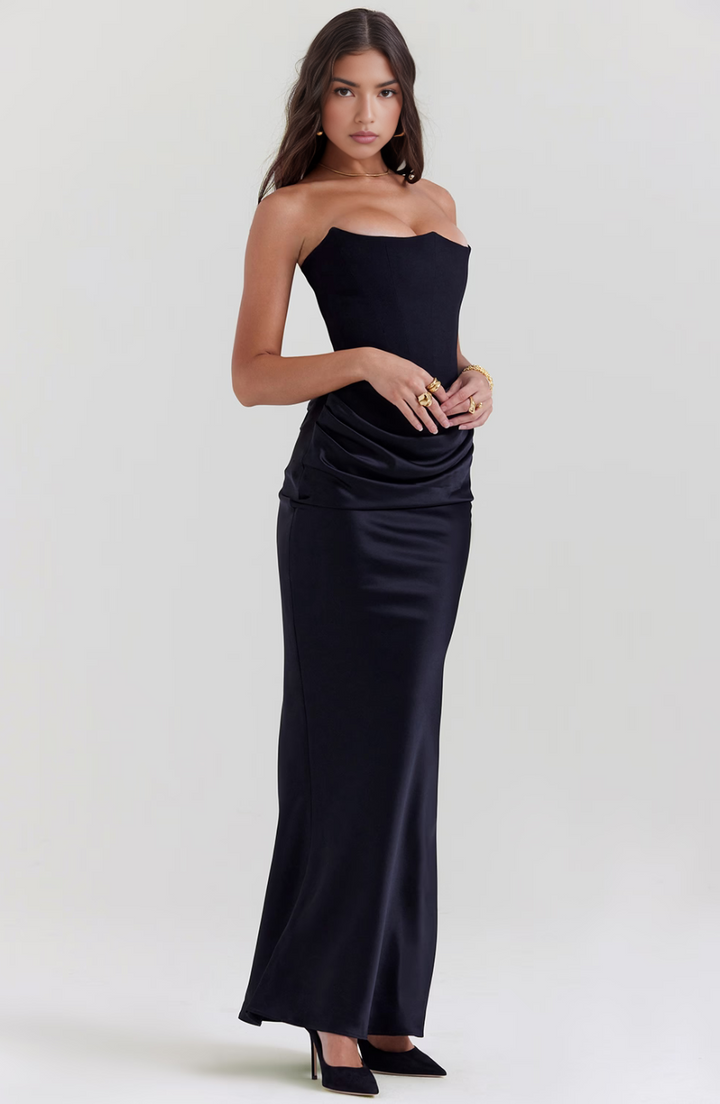 Avenzora | Wedding Guest Strapless Satin Maxi Dress with Draped Waist