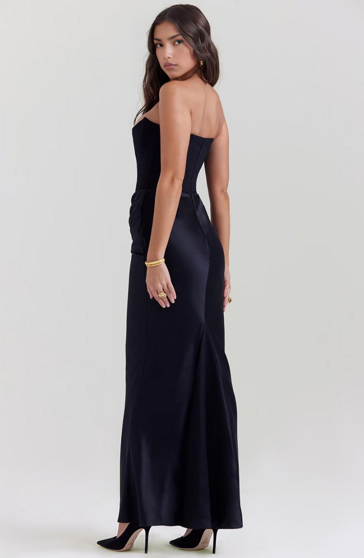 Avenzora | Wedding Guest Strapless Satin Maxi Dress with Draped Waist