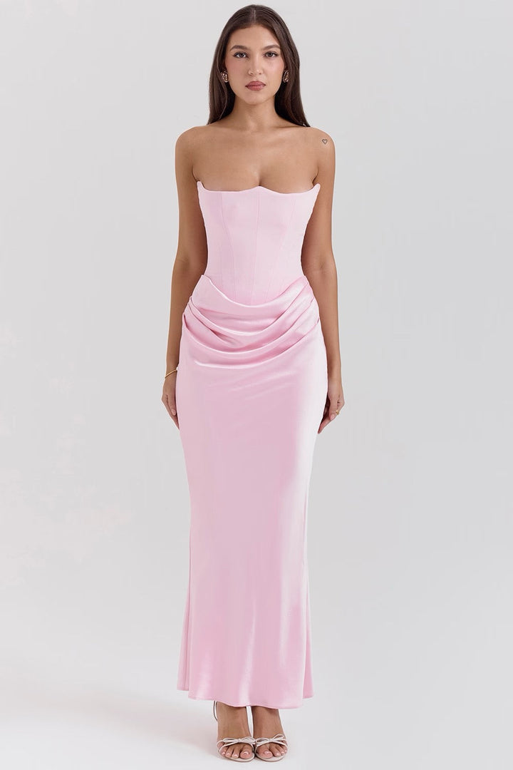Avenzora | Wedding Guest Strapless Satin Maxi Dress with Draped Waist