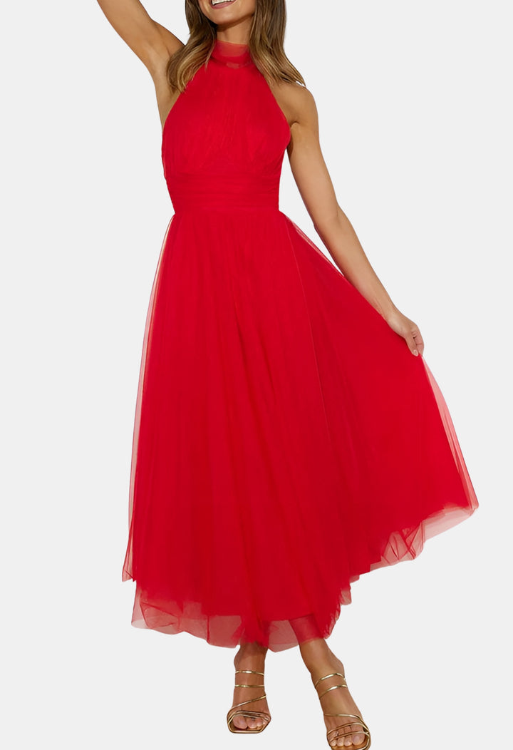 Azyndra | Wedding Guest Elegant Tulle Halter Midi Dress