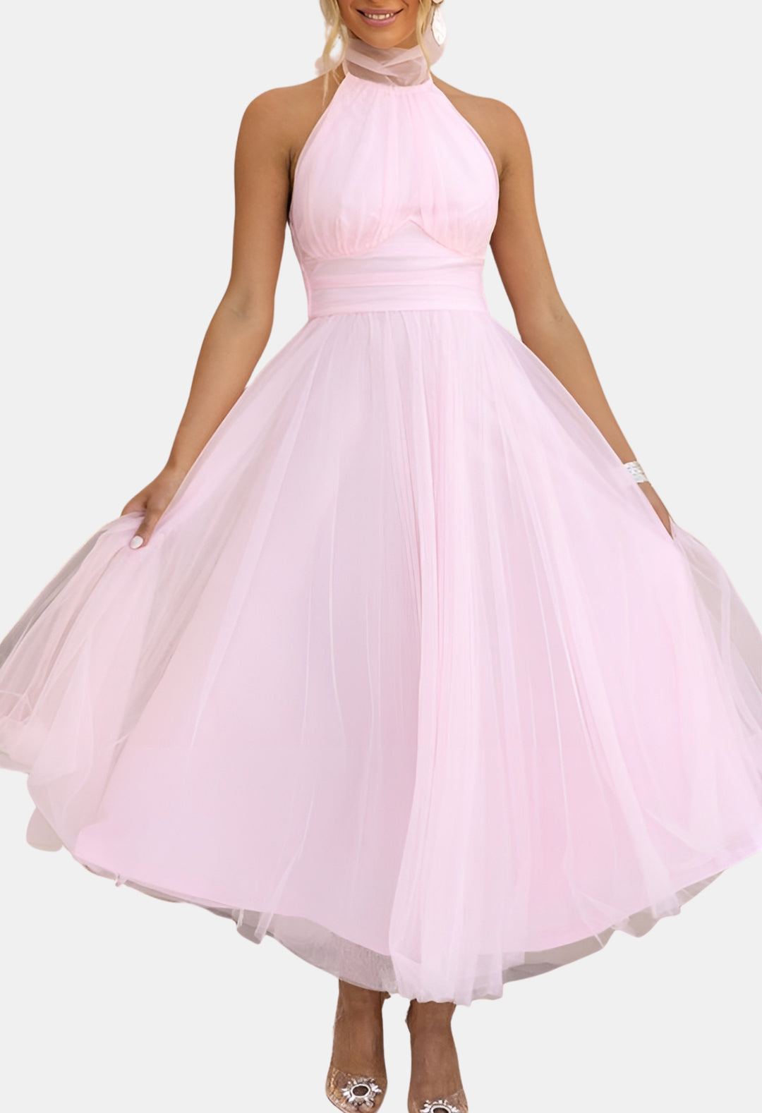 Azyndra | Wedding Guest Elegant Tulle Halter Midi Dress