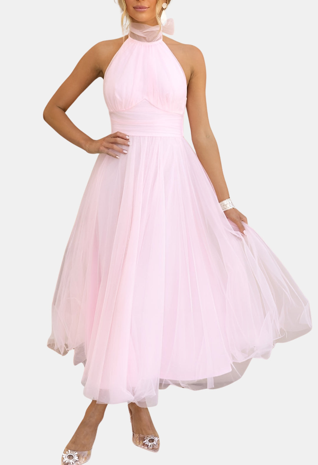 Azyndra | Wedding Guest Elegant Tulle Halter Midi Dress