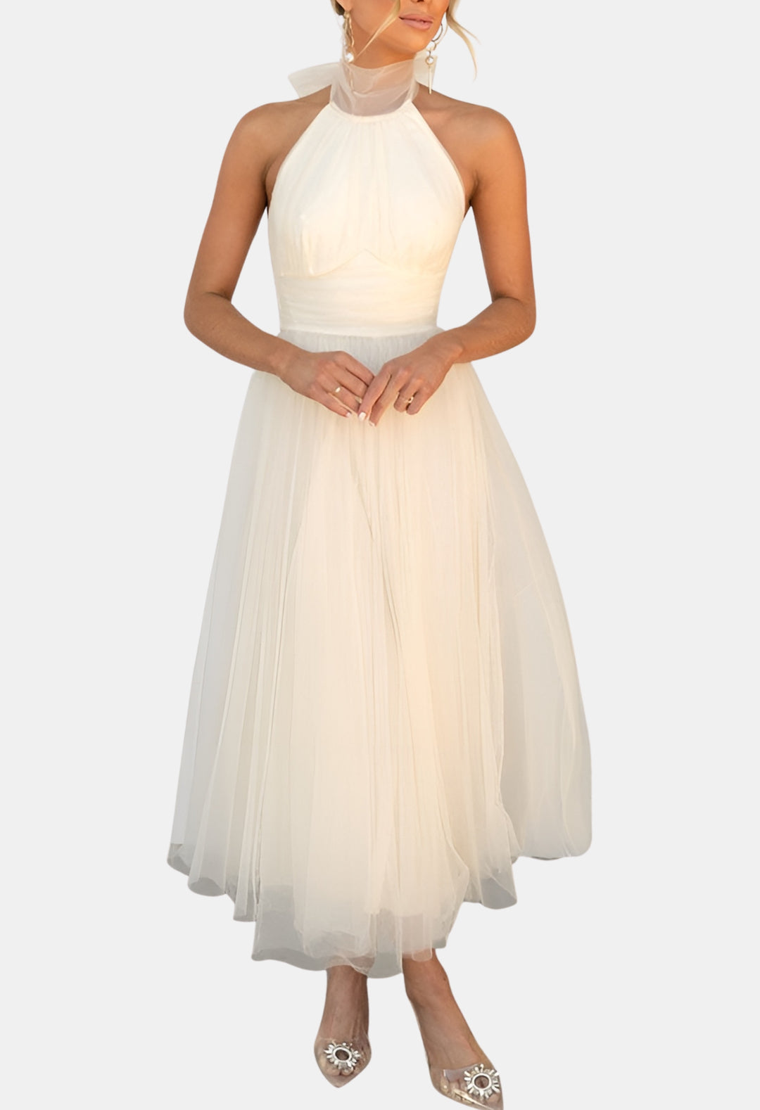 Azyndra | Wedding Guest Elegant Tulle Halter Midi Dress