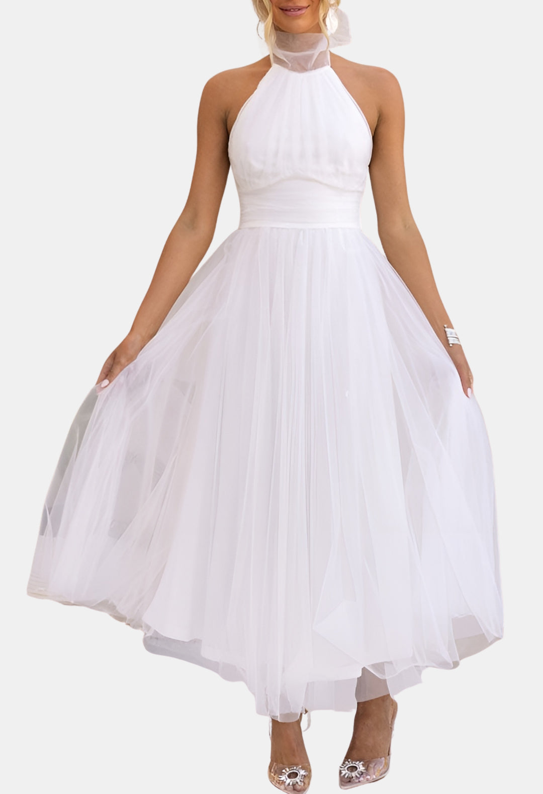 Azyndra | Wedding Guest Elegant Tulle Halter Midi Dress