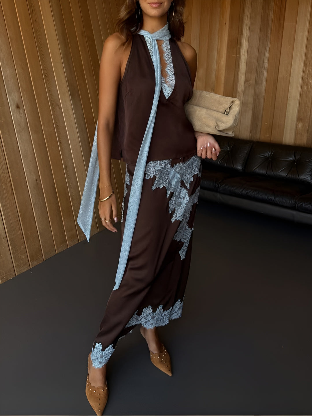 Bernadette | Elegant Halter Top and Lace Trim Maxi Skirt Set