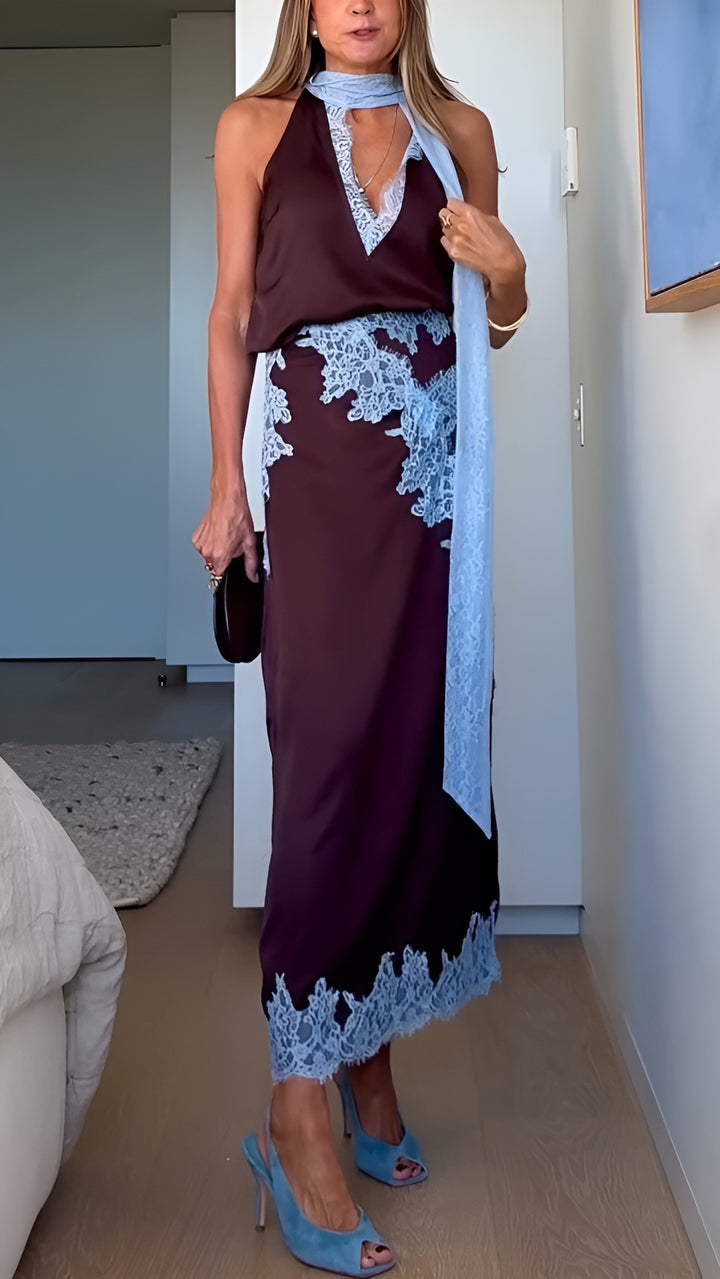 Bernadette | Elegant Halter Top and Lace Trim Maxi Skirt Set