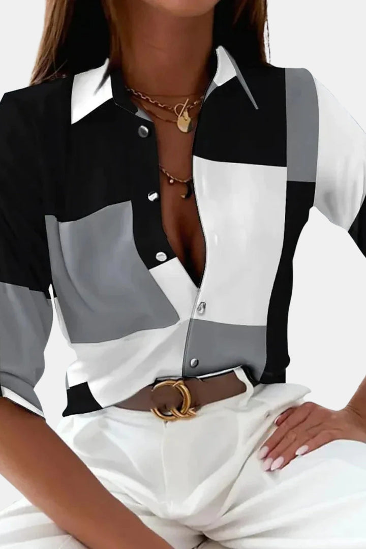 Brantlee | Geometric Button Front Blouse with Collar