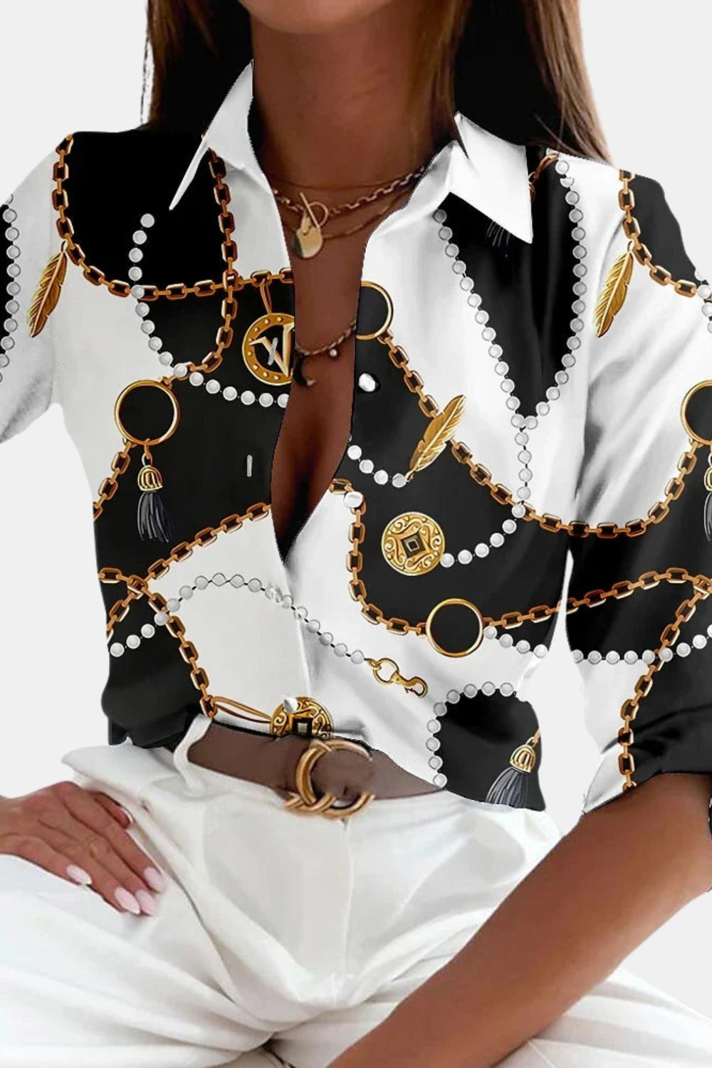 Brantlee | Geometric Button Front Blouse with Collar