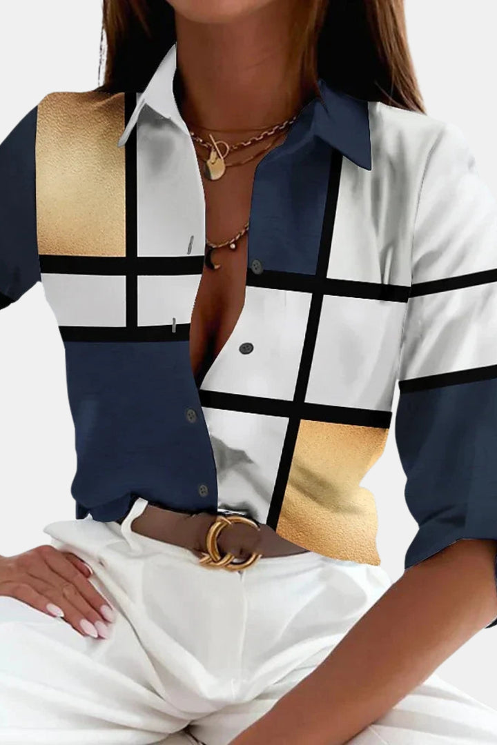 Brantlee | Geometric Button Front Blouse with Collar