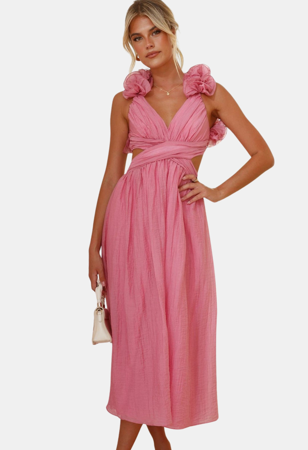 Brelyndra | Wedding Guest Draped Cross-Waist Dress with Floral Detail