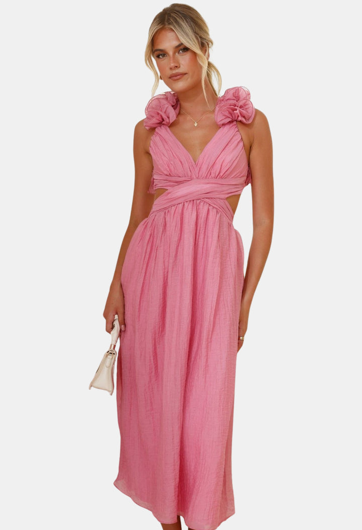 Brelyndra | Wedding Guest Draped Cross-Waist Dress with Floral Detail