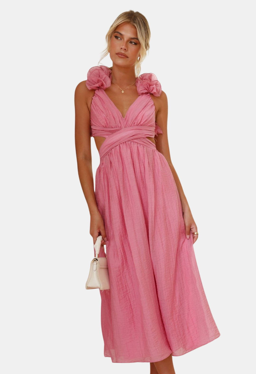 Brelyndra | Wedding Guest Draped Cross-Waist Dress with Floral Detail
