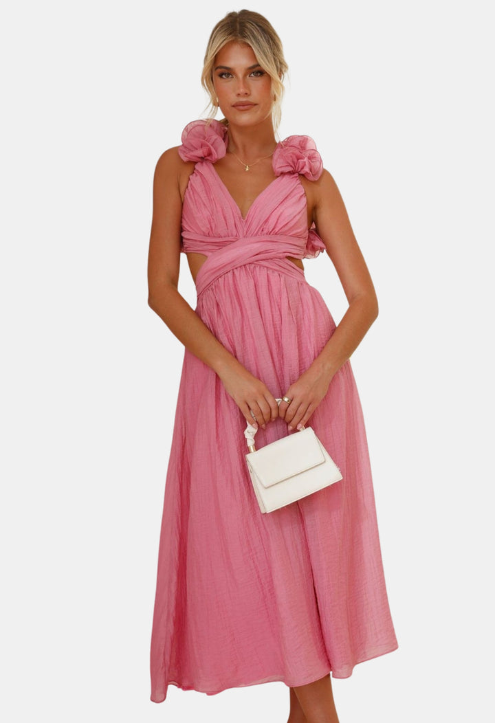 Brelyndra | Wedding Guest Draped Cross-Waist Dress with Floral Detail
