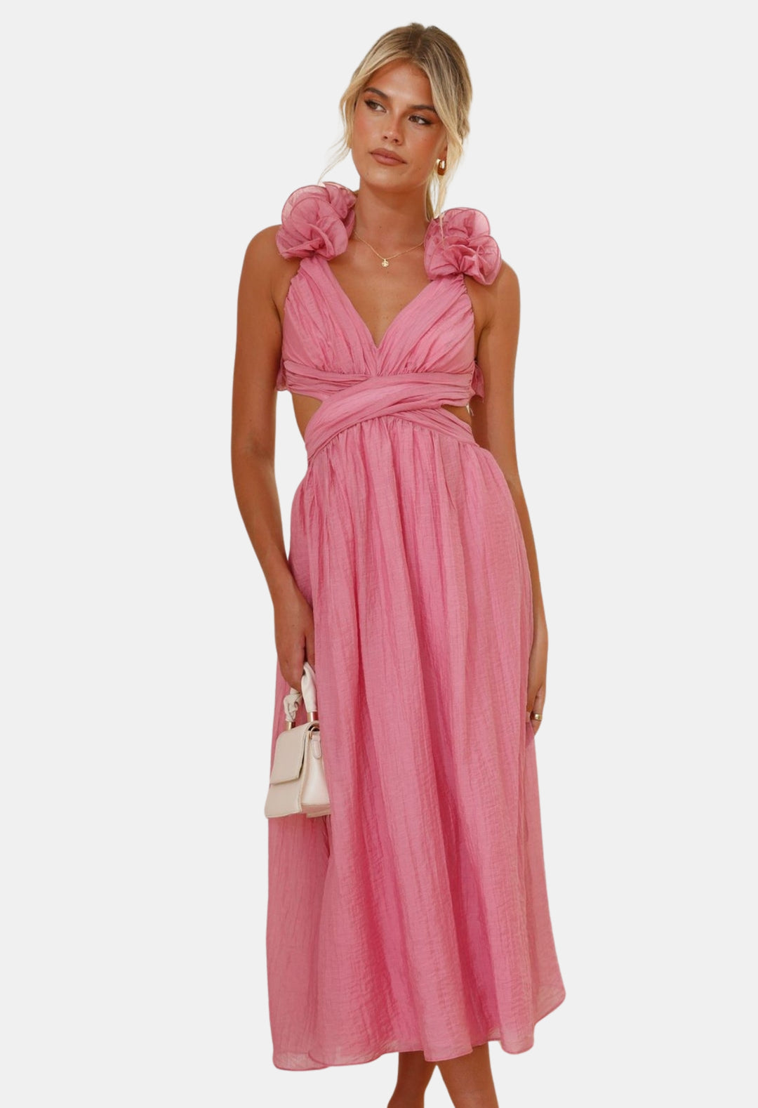 Brelyndra | Wedding Guest Draped Cross-Waist Dress with Floral Detail