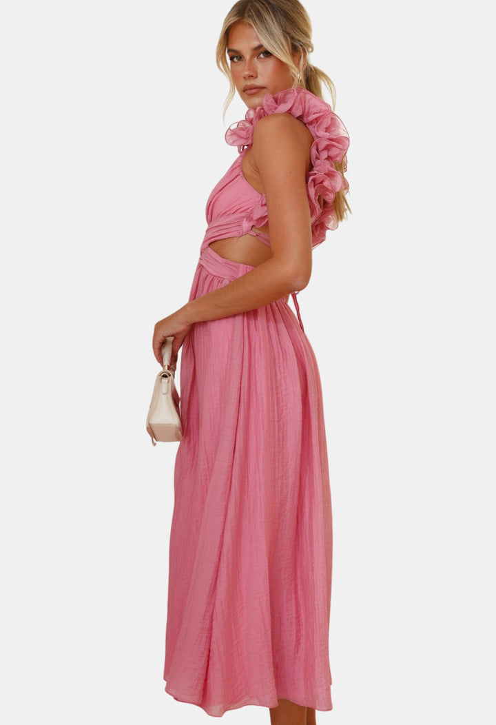 Brelyndra | Wedding Guest Draped Cross-Waist Dress with Floral Detail