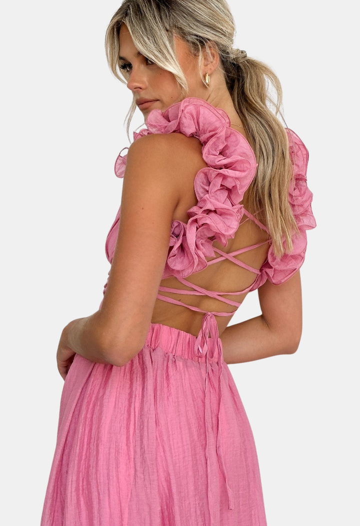 Brelyndra | Wedding Guest Draped Cross-Waist Dress with Floral Detail