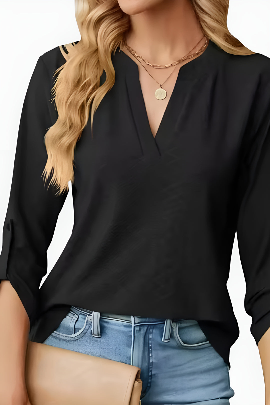 Brenira | Textured V Neck Long Sleeve Blouse