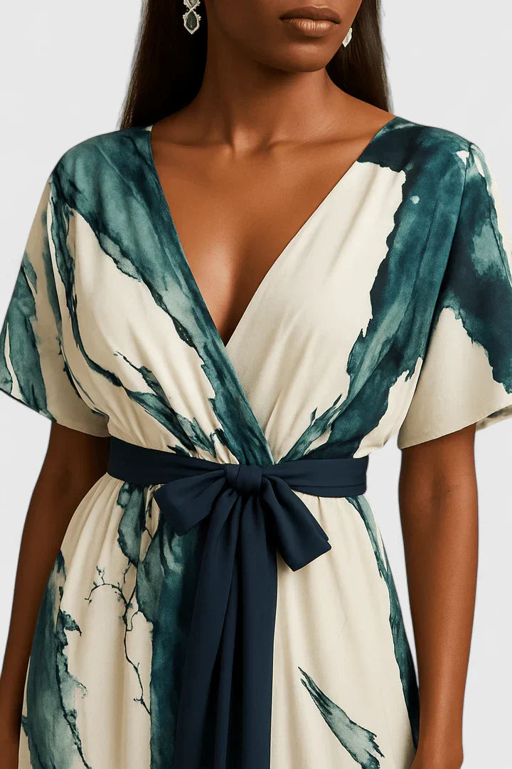 Brezoria | Elegant Patterned Maxi Dress with Tie Waist