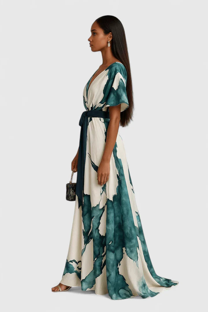 Brezoria | Elegant Patterned Maxi Dress with Tie Waist