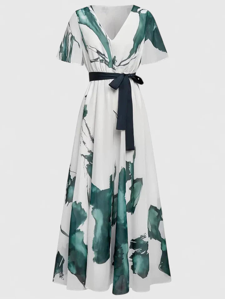 Brezoria | Elegant Patterned Maxi Dress with Tie Waist