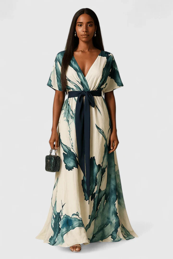 Brezoria | Elegant Patterned Maxi Dress with Tie Waist