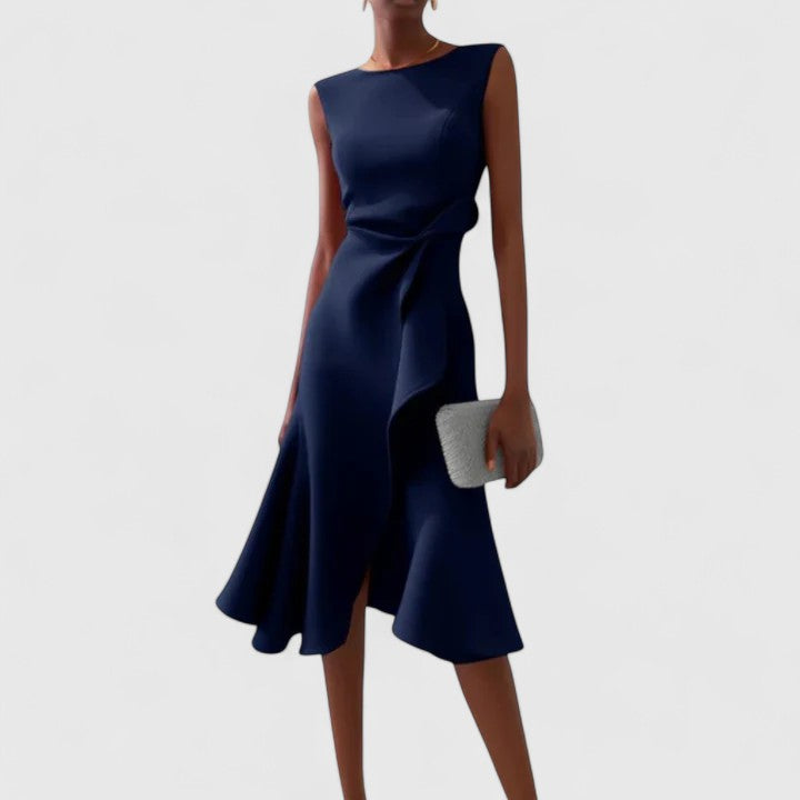 Brinara | Chic Asymmetrical Midi Dress with Draped Detail