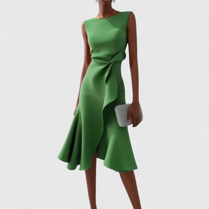 Brinara | Chic Asymmetrical Midi Dress with Draped Detail