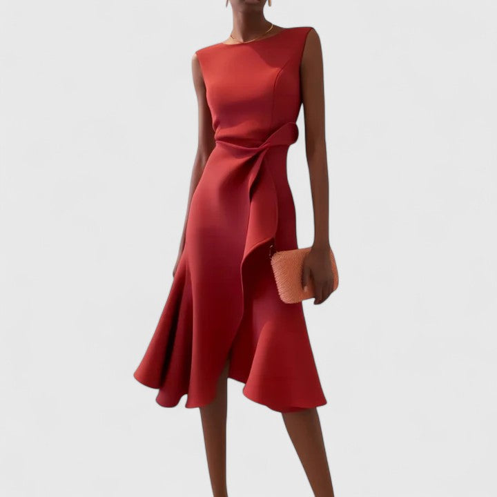 Brinara | Chic Asymmetrical Midi Dress with Draped Detail