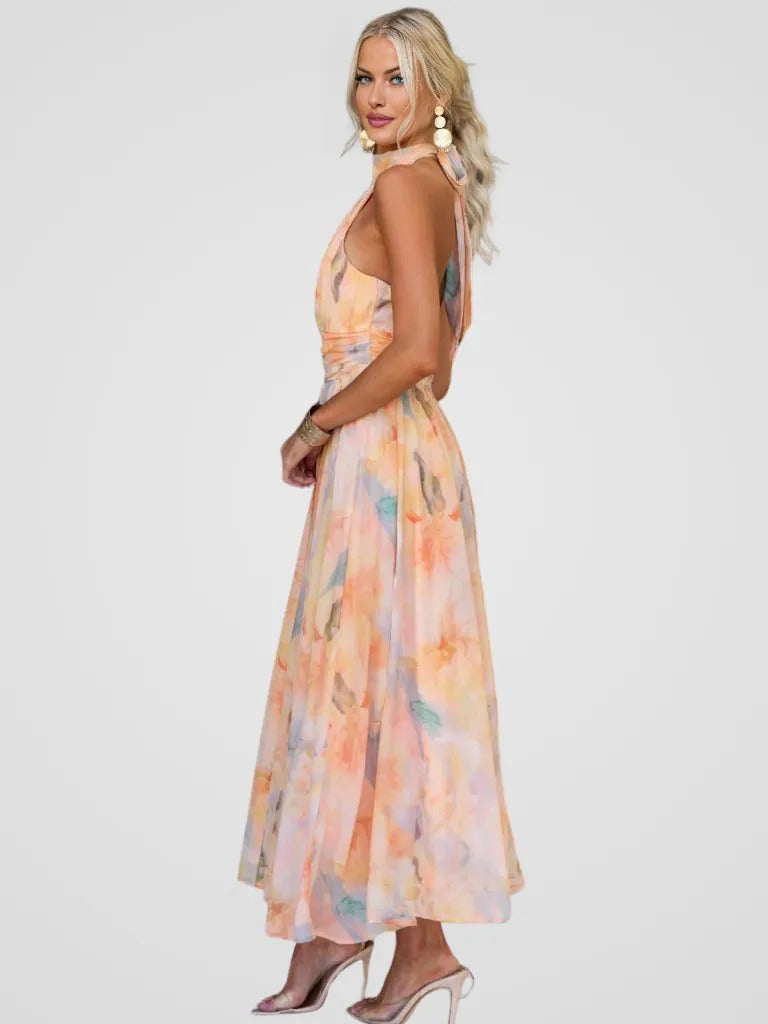 Brylina | Halter Neck Midi Dress with Pleated Waist