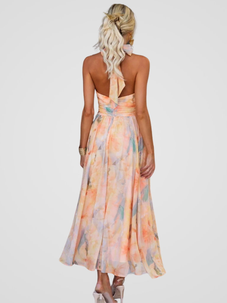 Brylina | Halter Neck Midi Dress with Pleated Waist