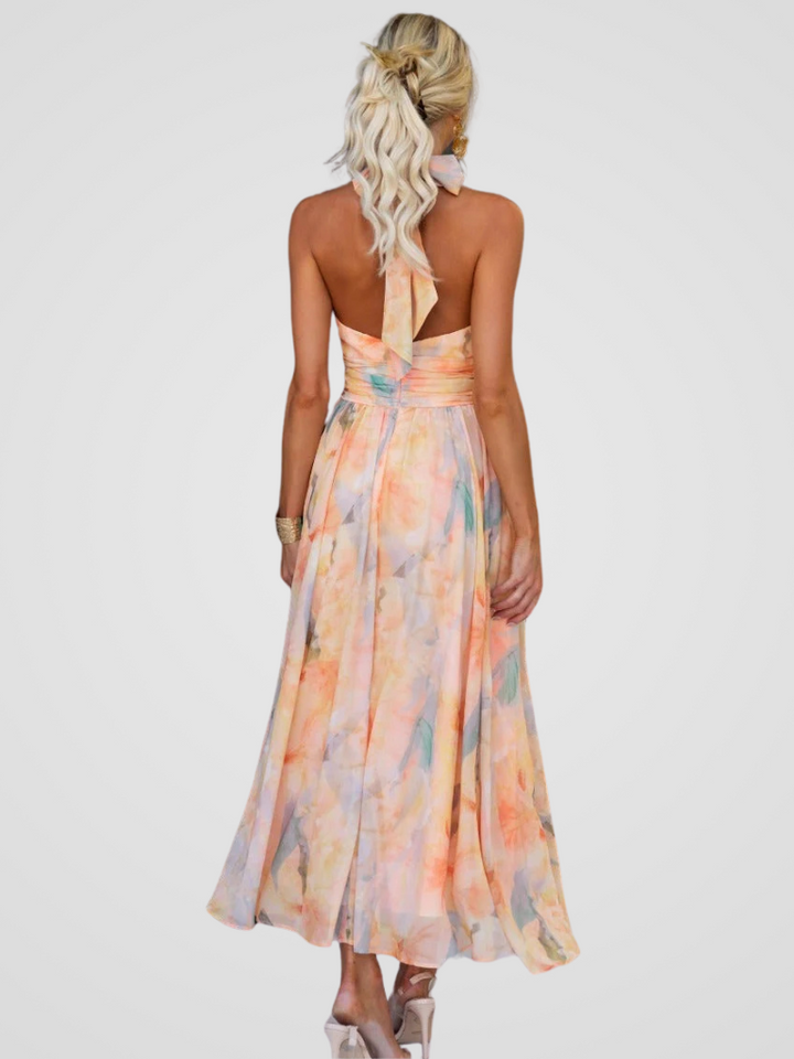 Brylina | Halter Neck Midi Dress with Pleated Waist