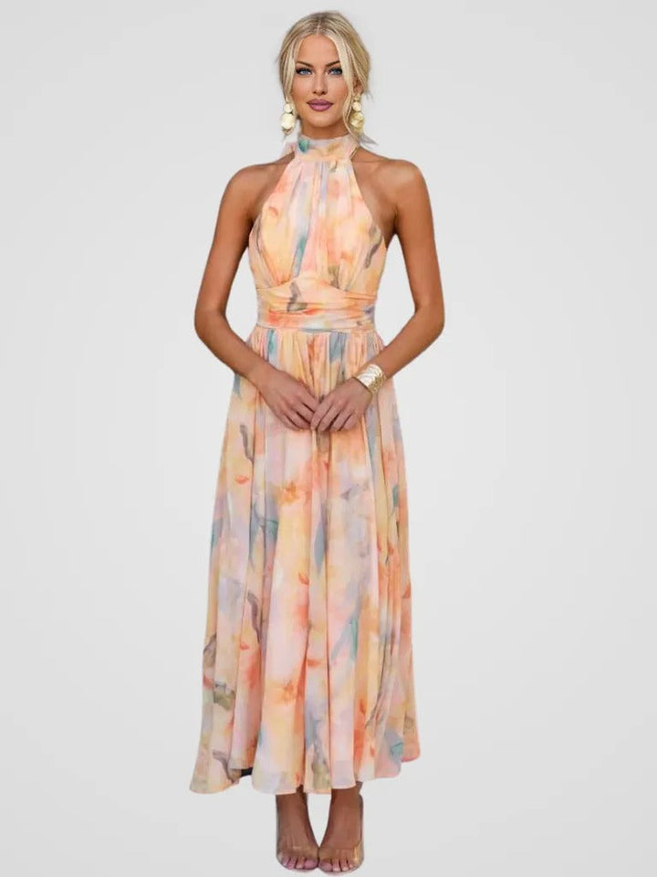 Brylina | Halter Neck Midi Dress with Pleated Waist