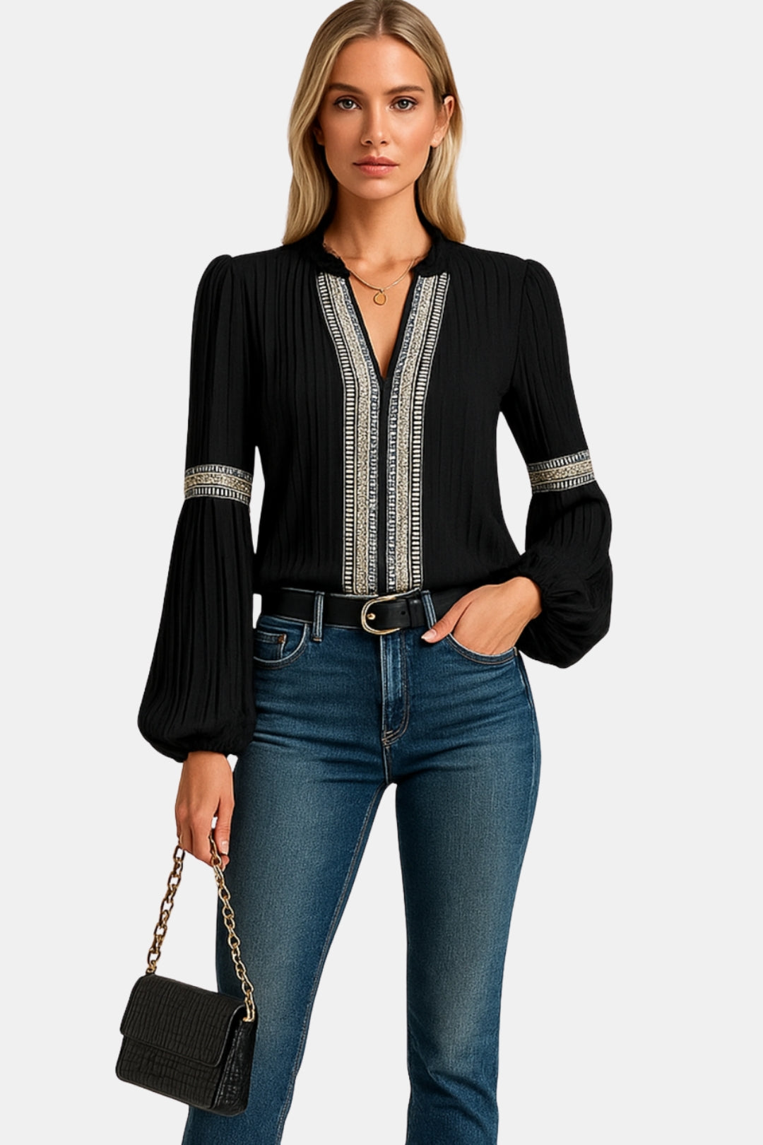 Brynelle | Chic Embroidered Blouse with V Neckline