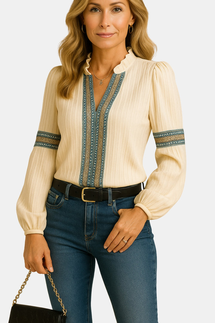 Brynelle | Chic Embroidered Blouse with V Neckline