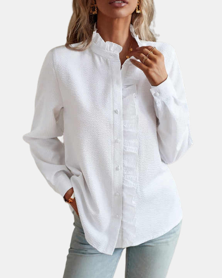 Cadencea | Ruffle Front Blouse with Button Closure