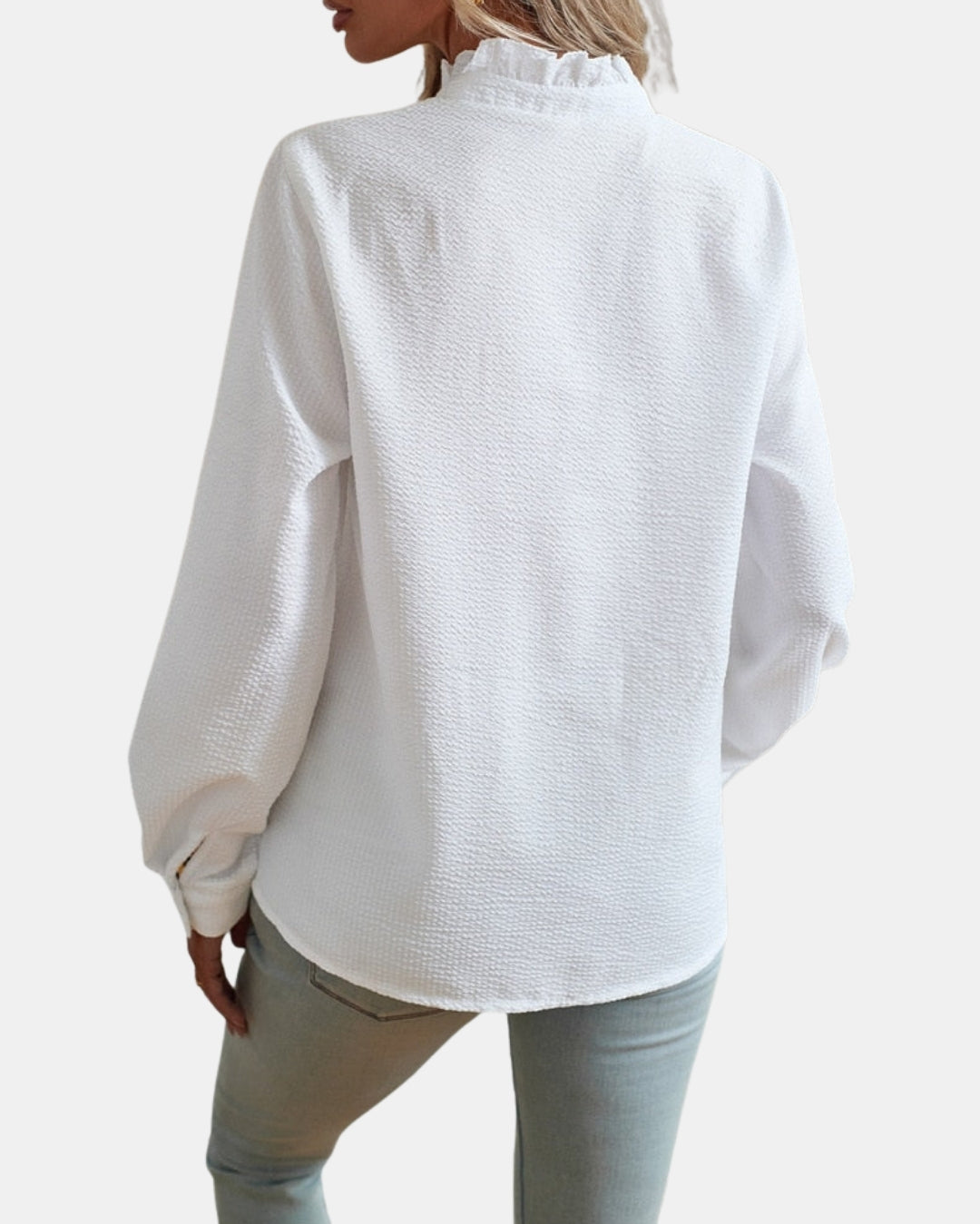 Cadencea | Ruffle Front Blouse with Button Closure