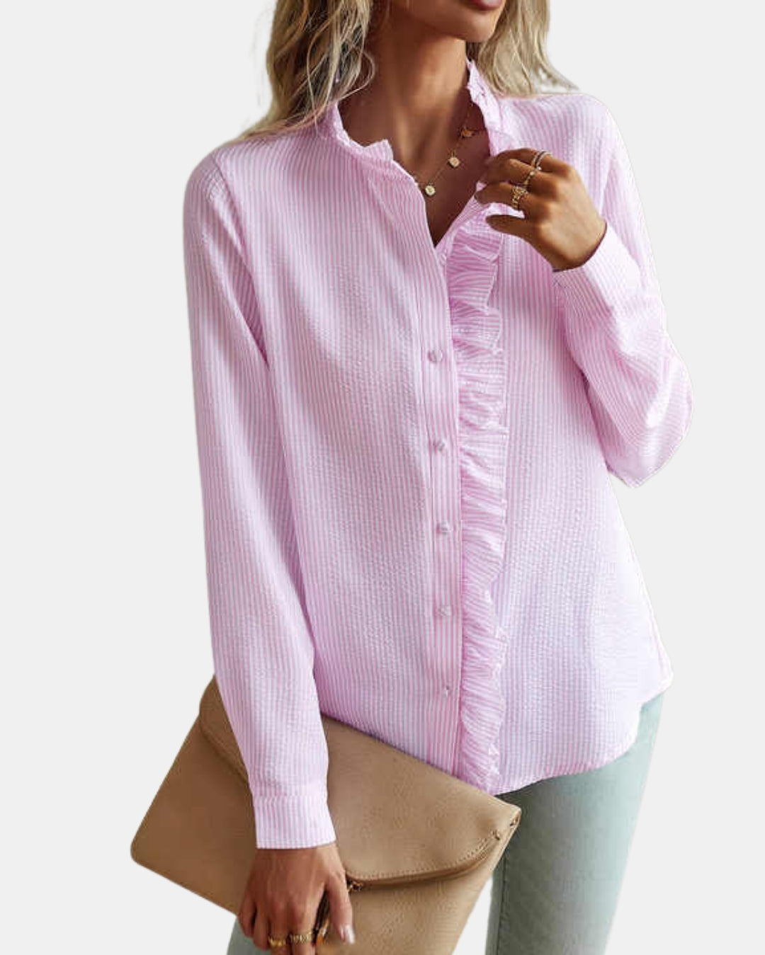 Cadencea | Ruffle Front Blouse with Button Closure