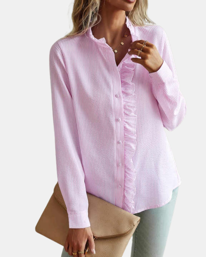 Cadencea | Ruffle Front Blouse with Button Closure