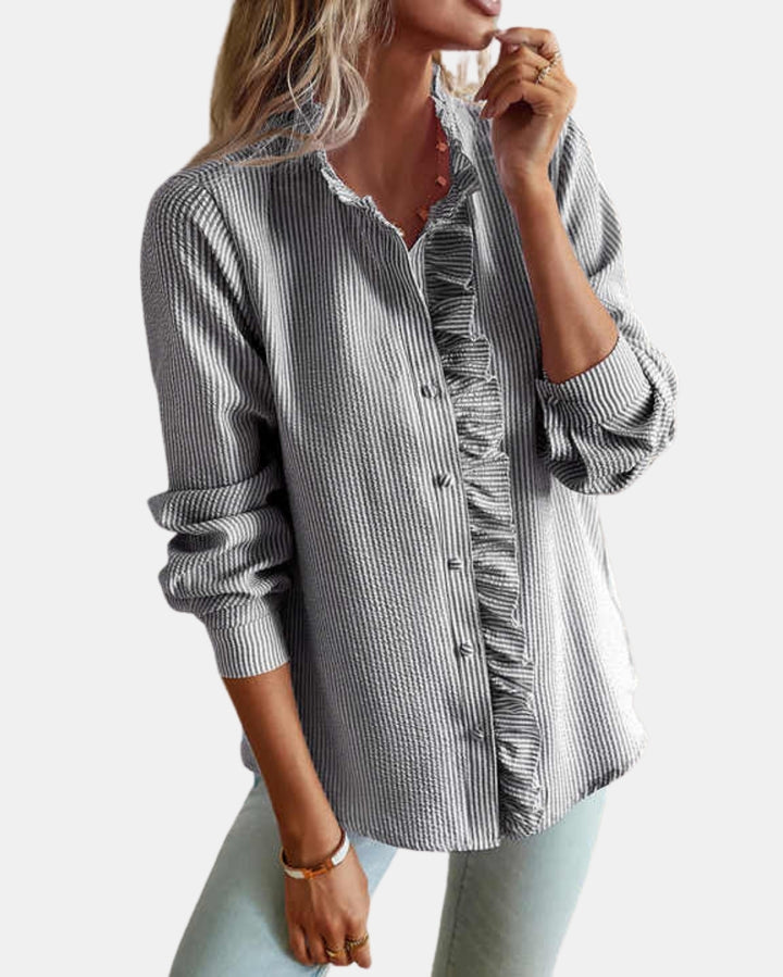 Cadencea | Ruffle Front Blouse with Button Closure