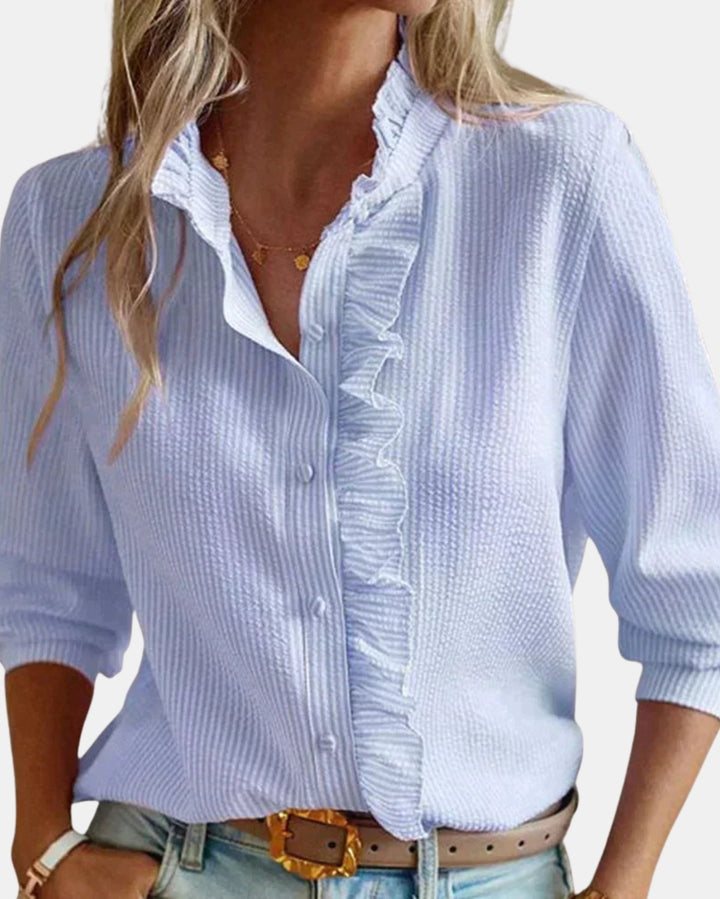 Cadencea | Ruffle Front Blouse with Button Closure