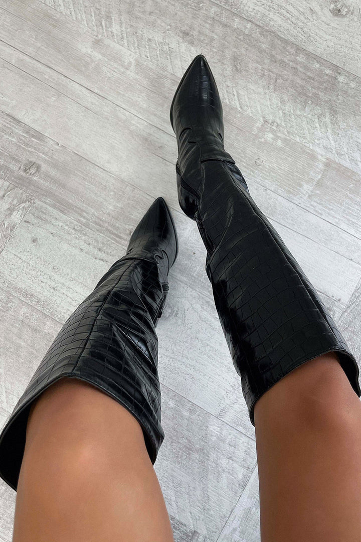 Cady | Croc Embossed Knee High Boots with Block Heel