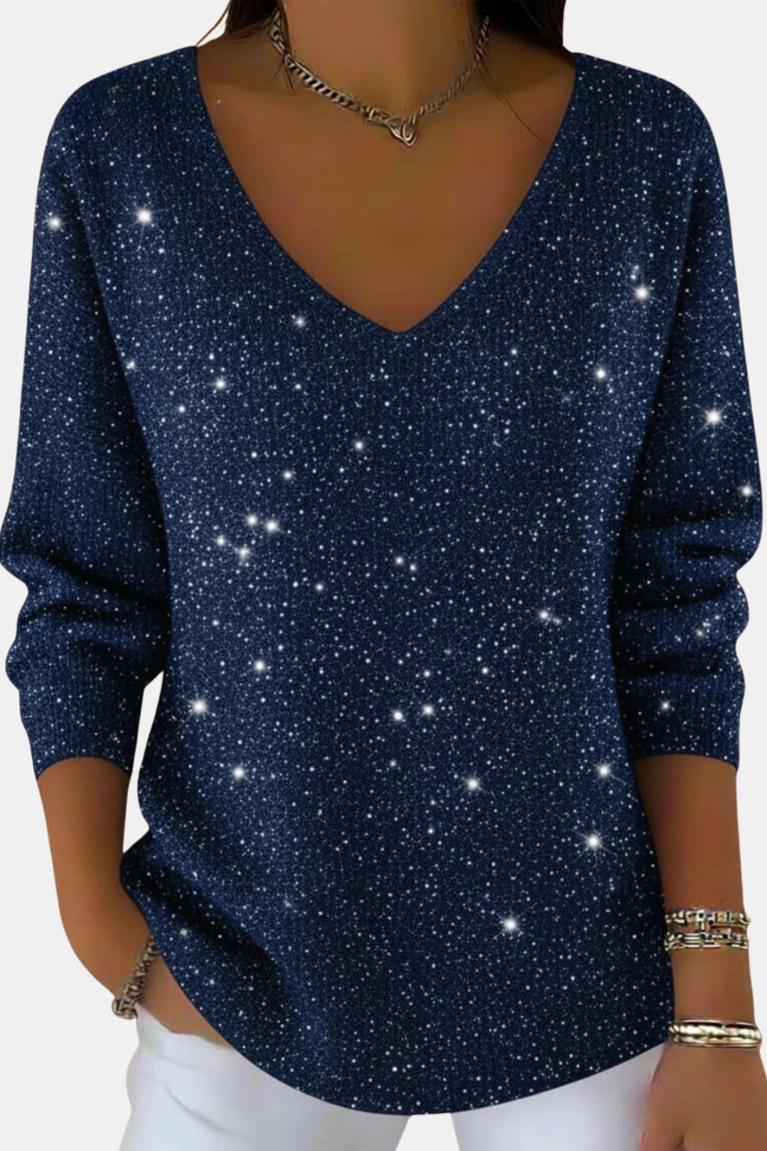 Calynna | Sparkle V Neck Long Sleeve Top